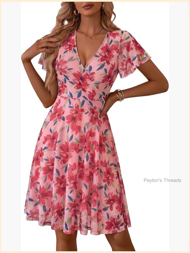 Floral Wrap V Neck Stretchy Mesh Dress Casual Wedding Guest Midi
